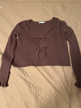 Lush Brown Ribbed Scoop Tie-Front Crop Top